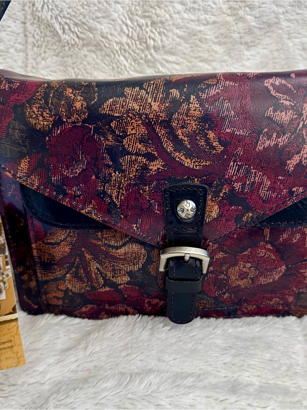 Patricia Nash Burgundy Vintage Floral Brocade Crossbody with Black Strap
